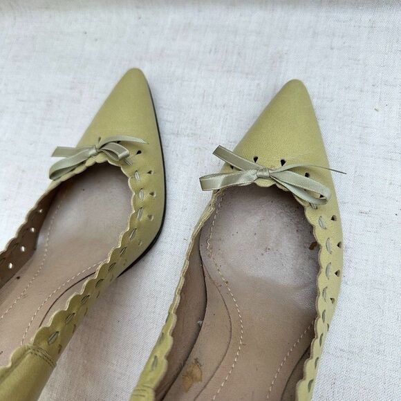 ANN TAYLOR Pistachio Green Leather Scallop Bow Pumps Stiletto Heels 5 Italy Made - Picture 6 of 16